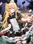  1girl ace_(playing_card) ace_of_clubs ace_of_diamonds ace_of_spades alice's_adventures_in_wonderland alice_(alice_in_wonderland) alice_(alice_in_wonderland)_(cosplay) black_bow black_dress black_thighhighs blonde_hair bow braid card club_(shape) commentary_request cosplay cowboy_shot diamond_(shape) double-parted_bangs dress eight_of_clubs five_of_spades forest grin hair_between_eyes hair_bow hairband highres jack_(playing_card) jack_of_diamonds kirisame_marisa long_hair looking_at_viewer nature night nine_of_diamonds outdoors playing_card pocket_watch puffy_short_sleeves puffy_sleeves rabbit short_sleeves side_braid single_braid smile solo spade_(shape) thigh_strap thighhighs three_of_clubs three_of_hearts touhou two-tone_bow two_of_spades very_long_hair watch white_bow white_hairband yam_(yamap_mako) yellow_eyes 