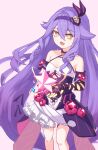  1girl :d bare_shoulders breasts commentary_request curly_sidelocks detached_sleeves dress erio_dazima fang frills hair_between_eyes hair_ornament hairband highres holding holding_star honkai_(series) honkai_impact_3rd layered_dress long_hair magical_girl pink_background purple_hair sirin sirin_(miracle_magical_girl) skin_fang small_breasts smile star_(symbol) symbol-shaped_pupils very_long_hair yellow_eyes 