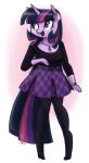 2016 anthro anthrofied black_clothing black_footwear black_hair black_shirt black_shoes black_topwear bottomwear breasts cleavage clock clothed clothing equid equine female footwear friendship_is_magic fur glistening glistening_eyes hair hasbro hi_res high_heels highlights_(coloring) hoof_hands hooves horn jewelry king-kakapo leggings legwear mammal my_little_pony mythological_creature mythological_equine mythology necklace open_mouth open_smile pattern_bottomwear pattern_clothing pattern_skirt pink_highlights plaid plaid_bottomwear plaid_clothing plaid_skirt purple_body purple_bottomwear purple_clothing purple_eyes purple_fur purple_highlights purple_skirt shirt shoes simple_background skirt smile solo topwear twilight_sparkle_(mlp) unguligrade unicorn watch white_background wristwatch