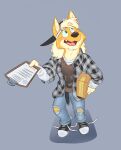 1990s_theme anthro avery_(vir-no-vigoratus) backwards_baseball_cap backwards_hat baseball_cap black_baseball_cap black_clothing black_footwear black_shoes black_sneakers blonde_hair blue_bottomwear blue_clothing blue_eyes blue_jeans blue_pants blush bottomwear box brown_clothing brown_nose brown_topwear brown_vest canid canine canis clipboard clothing container denim denim_bottomwear denim_clothing domestic_dog flannel_shirt footwear grey_background hair hat headgear headwear herding_dog holding_box holding_clipboard holding_container holding_object jeans long_hair long_sleeve_shirt male mammal open_mouth pants pastoral_dog pattern_clothing pattern_shirt pattern_topwear plaid plaid_clothing plaid_flannel_shirt plaid_shirt plaid_topwear print_clothing print_topwear print_vest sharp_teeth shirt shoelaces shoelaces_untied shoes simple_background sneakers solo t-shirt teeth teeth_showing tongue_showing topwear torn_bottomwear torn_clothing torn_jeans torn_pants vest vir-no-vigoratus welsh_corgi white_clothing white_footwear white_long_sleeve_shirt white_seam_baseball_cap white_shirt white_shoelaces white_shoes white_sneakers white_t-shirt white_topwear