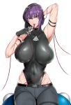  1girl arm_strap bangs belt black_gloves black_legwear black_leotard breasts cable covered_navel denim fei_(maidoll) ghost_in_the_shell gloves highleg highleg_leotard highres jeans kusanagi_motoko large_breasts leotard looking_at_viewer mouth_hold pants purple_hair red_eyes short_hair simple_background solo thighhighs white_background 