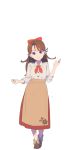  1girl apron bow brown_apron brown_footwear brown_hair collared_shirt eyebrows_visible_through_hair full_body grey_shirt hair_bow hand_up head_tilt highres long_hair long_sleeves looking_at_viewer nagisa_kurousagi neckerchief original purple_eyes red_bow red_neckwear red_skirt shirt shoes simple_background skirt smile solo standing waist_apron white_background wing_collar 
