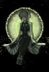  1girl anklet badge bikini black_background black_boots black_dress black_gloves black_pantyhose blonde_hair boots breasts buttons circle closed_mouth collared_shirt commentary_request contrast_collar danganronpa_(series) danganronpa_v3:_killing_harmony dress expressionless eyelashes eyes_visible_through_hair footwear_ribbon frilled_dress frilled_shirt_collar frills frown full_body gloves green_eyes hair_over_eyes highres jewelry large_breasts light_particles lips long_dress long_sleeves looking_to_the_side maid_headdress necktie o-ring o-ring_bikini pantyhose pinafore_dress pleated_dress purple_necktie ribbon shadow shirt shiruko_(mikan4649) short_hair sitting sleeveless sleeveless_dress sleeves_past_wrists solo swimsuit tojo_kirumi white_ribbon white_shirt 