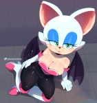  2020 anthro bare_shoulders big_breasts black_nose breasts chiropteran cleavage clothed clothing eyeshadow female footwear gloves green_eyes handwear hi_res looking_at_viewer makeup mammal membrane_(anatomy) membranous_wings rouge_the_bat solo somescrub sonic_the_hedgehog_(series) video_games wings 