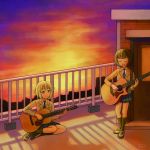  2girls ^_^ acoustic_guitar album_cover aoba_moca bang_dream! bangs bare_thighs black_hair black_legwear blue_eyes blue_neckwear blue_skirt blunt_bangs bob_cut breasts brick_wall closed_eyes collared_shirt commentary_request cover door eyebrows_visible_through_hair full_body gradient_sky grey_hair grey_jacket guitar haneoka_school_uniform highres holding holding_instrument instrument jack_(jacknoeaka) jacket kneehighs loafers long_sleeves looking_at_another medium_breasts mitake_ran multicolored_hair multiple_girls music necktie open_mouth orange_sky plaid plaid_skirt playing_instrument railing red_hair rooftop school_uniform shadow shirt shoes short_hair sidelocks signature sitting skirt sky smile standing strap streaked_hair striped striped_neckwear sunset white_shirt yokozuwari |d 