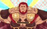  1boy armor bangs bara beard breastplate cape chest double_v emotional_engine_-_full_drive facial_hair fate/grand_order fate/zero fate_(series) hands_up leather long_sleeves male_focus muscle open_mouth parody pectorals red_hair rider_(fate/zero) shigetashigezo simple_background smile solo sparkle star v 