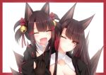  ;) akagi-chan_(azur_lane) akagi_(azur_lane) azur_lane bell black_gloves black_kimono blush breasts brown_hair chaos-moon cleavage closed_eyes commentary_request dual_persona fang fox_girl fox_tail gloves grabbing grabbing_from_behind hair_bell hair_between_eyes hair_ornament hair_ribbon happy highres japanese_clothes kimono kitsune long_hair multiple_tails one_eye_closed open_mouth red_eyes red_ribbon ribbon short_hair smile tail upper_body 