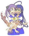  2girls :d ahoge blue_hair blue_skirt breasts claws collarbone conjoined extra_eyes fusion green_eyes hiiragi_kagami ikuramaru izumi_konata long_hair looking_at_another lucky_star medium_breasts mole mole_under_eye monster multiple_girls open_mouth pleated_skirt purple_eyes purple_hair ryouou_school_uniform school_uniform serafuku shirt shirt_lift short_sleeves simple_background skirt smile sweat tears tentacles the_thing the_thing_(2011) twintails very_long_hair white_background white_shirt 