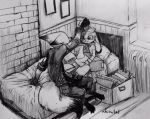  ahiru621 anthro bed canid canine clothed clothing dipstick_ears disney duo fox fully_clothed fur furniture holding_object inside judy_hopps lagomorph leporid mammal monochrome multicolored_ears nick_wilde on_bed paper rabbit red_fox sitting zootopia 
