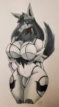  9:16 absurd_res anonymous_artist anthro big_breasts bikini_armor biped blue_eyes bottomless breasts brianna cheek_tuft clothed clothing couter eyelashes facial_tuft female hair hi_res looking_at_viewer lucario markings monochrome neck_tuft nintendo pok&eacute;mon pok&eacute;mon_(species) simple_background solo spot_color standing thick_thighs traditional_media_(artwork) tuft unknown_artist video_games wide_hips 