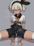  ... 1girl arms_behind_back barefoot blush bodysuit bodysuit_under_clothes breasts commentary_request covered_navel cum cum_on_clothes dark_skin grey_background grey_eyes grey_hair gym_leader hair_between_eyes hairband highres ie_(_raarami_) looking_at_viewer pokemon pokemon_(game) pokemon_swsh saitou_(pokemon) short_hair short_sleeves simple_background solo spread_legs squatting 