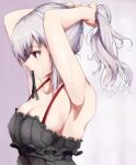  1girl adjusting_hair armpits arms_up bangs bare_arms black_tank_top blush breasts cleavage collarbone eyebrows_visible_through_hair frills gradient gradient_background hand_in_hair idolmaster idolmaster_cinderella_girls kanzaki_ranko medium_breasts mouth_hold red_eyes ribbon ribbon_in_mouth ryuu. sideboob solo sweat tank_top tying_hair upper_body white_hair 