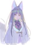  1girl animal_ear_fluff animal_ears black_hair bodysuit brown_eyes capelet closed_mouth fox_ears fox_tail grey_capelet hair_between_eyes highres kitsunegasaki_tametsugu_(tenka_hyakken) long_hair looking_at_viewer multicolored_hair nagisa_kurousagi shibari shibari_under_clothes simple_background solo streaked_hair tail tassel tenka_hyakken upper_body white_background 