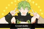  1boy bangs david_(fate/grand_order) double_v emotional_engine_-_full_drive fate/grand_order fate_(series) forzen_ppi gloves green_hair hands_up long_hair long_sleeves looking_at_viewer male_focus open_mouth parody scarf smile solo sparkle star v 