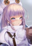  1girl @_@ absurdres aoi_minato_(aoi3710blueport) azur_lane bandaid bandaid_on_face blush commentary_request gloves grozny_(azur_lane) hat highres long_hair portrait purple_eyes purple_hair simple_background snow solo winter_clothes 