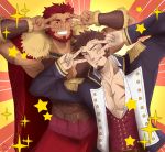  2boys abeberries bangs bara beard blue_eyes blush brown_hair cape chest double_v emotional_engine_-_full_drive epaulettes facial_hair fate/zero fate_(series) hands_up highres leather long_sleeves looking_at_viewer male_focus military multiple_boys muscle napoleon_bonaparte_(fate/grand_order) open_mouth pants parody pectorals red_eyes red_hair rider_(fate/zero) scar simple_background smile sparkle star uniform v 