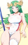  1girl bare_shoulders blush breasts choker competition_swimsuit danpu green_eyes green_hair highres kid_icarus large_breasts long_hair looking_at_viewer one-piece_swimsuit open_mouth palutena simple_background single_thighhigh smile solo staff swimsuit thighhighs tiara very_long_hair 