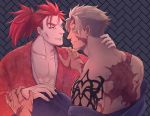  2boys bangs beard beowulf_(fate/grand_order) blonde_hair chest chinese_clothes facial_hair fate/extra fate/grand_order fate_(series) li_shuwen_(fate) long_hair long_sleeves male_focus multiple_boys muscle open_mouth ponytail red_eyes red_hair scar shirtless smile tattoo yamakazi47 yaoi 
