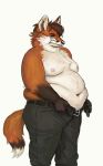  belly belt big_belly bottomwear canid canine cettus clothed clothing eyewear fox glasses hi_res love_handles male mammal overweight overweight_male pants partially_clothed solo standing 