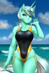  2020 2:3 5_fingers absurd_res anthro clothing cloud cutie_mark digital_media_(artwork) equid female fingers friendship_is_magic front_view hi_res horn lyra_heartstrings_(mlp) mammal my_little_pony mykegreywolf one-piece_swimsuit outside solo swimwear unicorn water 