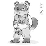  1:1 2020 animal_crossing anthro balls belly blush canid canine clothing flaccid genitals harzu hi_res male mammal monochrome necktie nintendo penis raccoon_dog shirt simple_background slightly_chubby solo tanuki tom_nook_(animal_crossing) topwear video_games white_background 