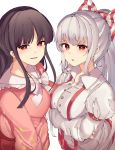  2girls arm_belt arm_under_breasts bangs black_hair bow breasts bright_pupils commentary_request eyebrows_visible_through_hair fujiwara_no_mokou hair_bow highres houraisan_kaguya kozomedzuki large_breasts long_hair long_sleeves looking_at_viewer multiple_girls parted_lips pink_shirt ponytail red_eyes red_skirt shirt sidelocks silver_hair simple_background skirt standing suspenders touhou upper_body very_long_hair white_background white_pupils white_shirt 