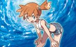  1girl bent_over blue_eyes blue_shorts breasts crop_top feet_out_of_frame full_body gym_leader hair_tie hands_on_own_knees happy kasumi_(pokemon) legs_apart looking_to_the_side midriff mizutani_megumi official_art open_mouth orange_hair outline pokemon pokemon_(game) pokemon_lgpe pokemon_trading_card_game red_footwear shirt shoes short_hair short_shorts shorts side_ponytail sleeveless sleeveless_shirt small_breasts smile solo standing tied_hair white_outline white_shirt 