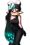  +_+ 1girl alternate_hairstyle aori_(splatoon) black_dress black_gloves closed_mouth domino_mask dress earrings food food_on_head formal gloves hair_over_one_eye highres jewelry long_dress long_hair looking_at_viewer mask mole mole_under_eye object_on_head poin simple_background single_strap sleeveless sleeveless_dress smile solo splatoon_(series) splatoon_1 standing sushi tentacle_hair very_long_hair white_background wuju_(1198979953) yellow_eyes 