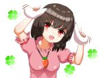  1girl :d animal_ears black_hair blush breasts bunny_ears carrot_necklace clover dress ear_grab eyebrows_visible_through_hair four-leaf_clover hair_between_eyes head_tilt highres holding_ears inaba_tewi index_finger_raised kiui_(dagk8254) looking_at_viewer medium_breasts open_mouth pink_dress puffy_short_sleeves puffy_sleeves short_hair short_sleeves simple_background smile solo standing touhou upper_body white_background 