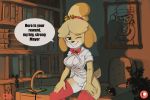 2020 3:2 animal_crossing anthro bow_tie breasts canid canine canis clothed clothing dialogue digital_media_(artwork) domestic_dog english_text female gela-g-i-s-gela genitals isabelle_(animal_crossing) legwear looking_at_viewer mammal nintendo one_eye_closed pussy shih_tzu shirt smile solo speech_bubble talking_to_viewer text topwear toy_dog video_games wink 
