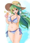  .sin 1girl bare_arms bare_shoulders bikini blue_background breasts brown_headwear character_name cleavage cowboy_shot flower green_eyes green_hair groin hair_between_eyes hair_ornament halter_top halterneck hat hat_flower kochiya_sanae large_breasts long_hair looking_at_viewer navel open_mouth scrunchie side-tie_bikini smile snake_hair_ornament solo stomach sun_hat swimsuit touhou two-tone_background v white_background white_bikini white_flower wrist_scrunchie 