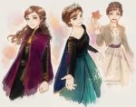  2020 3girls :d anna_(frozen) arm_at_side arms_at_sides autumn_leaves beige_background beige_dress belt black_shirt braid breasts brown_hair cape capelet commentary curly_hair dated dress earrings english_commentary floating_hair freckles frozen_(disney) frozen_ii_(disney) gradient gradient_background green_dress green_eyes grey_background hair_bun happy holding holding_leaf jacket jewelry leaf light_particles light_smile long_hair long_sleeves looking_away medium_breasts multicolored multicolored_background multiple_girls multiple_persona open_clothes open_jacket open_mouth orange_background outstretched_hand purple_background purple_cape shirt signature simple_background sketch smile teeth tiara tied_hair upper_teeth watermark web_address zelda_c_wang 