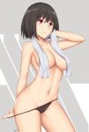  1girl arciealbano bangs black_hair breasts collarbone eyebrows_visible_through_hair groin highres large_breasts looking_away navel panties panty_pull red_eyes shinjou_akane short_hair smile solo ssss.gridman stomach thighs toned topless towel underwear wet wiping_face 