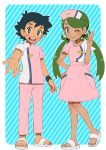  black_hair blue_background blush brown_pupils dark_skin djmn_c green_hair green_pubic_hair hand_on_hip hat mao_(pokemon) matching_outfit nurse nurse_cap one_eye_closed open_mouth outstretched_hand pokemon pokemon_(anime) pokemon_sm_(anime) sandals satoshi_(pokemon) smile spiked_hair striped striped_background twintails upper_teeth white_footwear z-ring 