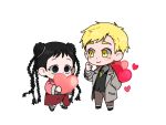  1boy 1d1ot 1girl alphonse_elric arm_behind_back black_eyes black_footwear black_hair blonde_hair blush blush_stickers braid brown_pants chibi chinese_clothes clenched_hands coat collared_shirt covered_mouth dot_nose double_bun dress_shirt finger_to_cheek finger_to_face full_body fullmetal_alchemist grey_coat hair_bobbles hair_ornament happy heart height_difference holding holding_heart legs_apart long_sleeves looking_at_another may_chang multiple_braids necktie open_clothes open_coat pants shaded_face shiny shiny_hair shirt smile standing striped striped_neckwear transparent_background waistcoat white_shirt wide_sleeves yellow_eyes 