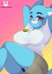  2020 anthro artypanda big_breasts big_butt blue_body blue_fur blush breasts butt cartoon_network clothed clothing domestic_cat felid feline felis female fur hands_behind_head hi_res looking_at_viewer mammal mature_female nicole_watterson panties pose red_eyes sitting smile solo teeth the_amazing_world_of_gumball thick_thighs underwear wide_hips 