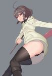  1girl :&lt; ahoge alternate_costume ass black_legwear black_panties boots breasts brown_hair commission dual_wielding fat_mons grey_background holding hood hood_down hoodie huge_ahoge knife legs_together linne no_pants panties pantyshot red_eyes reverse_grip short_hair small_breasts solo suwaiya sword thick_thighs thighhighs thighs under_night_in-birth underwear weapon 