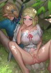  1boy 1girl bangs blonde_hair blue_eyes blue_tunic braid breasts censored commentary fingering grass hair_ornament hair_tie hairclip large_breasts leaf link masturbation mosaic_censoring outdoors pants parted_bangs pointy_ears princess_zelda pussy red_ribbon ribbon rock see-through self_fondle shirt sitting spread_legs stealth_masturbation sword sword_behind_back the_legend_of_zelda unfairr vaginal weapon white_shirt 