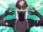  1boy asclepius_(fate/grand_order) bangs black_jacket double_v emotional_engine_-_full_drive fate/grand_order fate_(series) gloves green_eyes hair_between_eyes hands_up hat hood hood_up hooded_jacket jacket long_hair long_sleeves looking_at_viewer makuro male_focus mask open_mouth parody silver_hair solo sparkle star upper_body v white_hair 