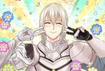  1boy armor bangs bedivere closed_eyes double_v emotional_engine_-_full_drive fate/grand_order fate/stay_night fate_(series) hands_up homekofgo knights_of_the_round_table_(fate) long_hair long_sleeves looking_at_viewer male_focus open_mouth parody ponytail solo sparkle star v 