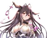  1girl antenna_hair bandaged_arm bandages black_gloves black_hair blush breasts cleavage closed_mouth crescent danua draph dress fingerless_gloves gloves granblue_fantasy hair_between_eyes hands_on_own_chest horn_ornament horns jewelry large_breasts lips long_hair looking_at_viewer pointy_ears red_eyes simple_background single_glove smile solo upper_body white_background white_dress yu_pian 