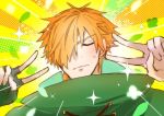  1boy bangs blonde_hair cape cloak closed_eyes double_v emotional_engine_-_full_drive fate/extra fate/grand_order fate_(series) hands_up long_hair long_sleeves male_focus open_mouth orange_hair parody robin_hood_(fate) san_zashi sparkle star v 