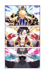  1boy absurdres armor asclepius_(fate/grand_order) avicebron_(fate) bangs black_hair black_jacket blonde_hair cape double_v emotional_engine_-_full_drive fate/apocrypha fate/grand_order fate_(series) fingerless_gloves gloves green_eyes hair_between_eyes hands_up hat highres hood hood_up hooded_jacket jacket long_hair long_sleeves looking_at_viewer male_focus mandricardo_(fate/grand_order) mask multicolored_hair multiple_boys nijiomu open_mouth parody silver_hair solo sparkle star two-tone_hair upper_body v white_hair 