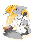  anthro big_breasts big_hands breasts clothed clothing cooking english_text female fish food hi_res kitchen marine name_tag ruth_(sharkstuff) shark sharkstuff sharp_teeth smile solo teeth text tools 