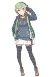  1girl bangs belt_collar boots brown_footwear closed_mouth collar contrapposto eyebrows_visible_through_hair full_body goggles goggles_around_neck green_hair grey_hoodie grey_legwear hair_ribbon half-closed_eye hand_in_pocket hand_on_headphones head_tilt headphones headphones_girl_(itou) highres hood hood_down hoodie itou_(onsoku_tassha) long_sleeves low_twintails orange_eyes original pleated_skirt pouch raised_eyebrows red_ribbon ribbon simple_background skirt solo striped striped_legwear thighhighs twintails white_background white_skirt zettai_ryouiki 