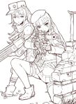  2girls aiming bangs beret blunt_bangs boots character_request closed_mouth facial_mark girls_frontline gloves grass greyscale gun hair_between_eyes hair_ornament hat head_tilt hk416_(girls_frontline) holding holding_gun holding_weapon itou_(onsoku_tassha) jacket leg_strap long_hair long_sleeves monochrome multiple_girls one_knee parted_lips pleated_skirt scarf scope simple_background skirt wall weapon white_background 