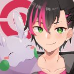  1girl abe_suke bangs black_hair black_jacket blush brown_background closed_mouth collarbone copyright_request eyebrows_visible_through_hair gen_6_pokemon goomy green_eyes hair_between_eyes hair_ornament highres jacket multicolored_hair open_clothes open_jacket outline pink_hair pink_shirt pokemon pokemon_(creature) shirt smile streaked_hair upper_body virtual_youtuber white_outline x_hair_ornament 
