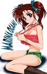  artist_request bakusou_kyoudai_let's_&amp;_go!! bakusou_kyoudai_let's_&amp;_go!!_max blue_eyes bracelet breasts cutoffs denim denim_shorts hair_ribbon jewelry large_breasts midriff necklace oogami_marina red_hair ribbon short_shorts shorts solo tank_top 