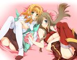  areolae blonde_hair blue_eyes breasts brown_hair green_eyes hairband long_hair lying medium_breasts multiple_girls natalia_luzu_kimlasca_lanvaldear one_eye_closed open_clothes open_shirt orange_neckwear pantyhose pantyhose_pull red_legwear shirt shirt_lift short_hair shuragyoku_mami tales_of_(series) tales_of_the_abyss tear_grants thighhighs underboob 