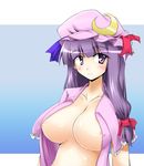  areola_slip areolae bad_id bad_pixiv_id blue_background blush breasts crescent crescent_hair_ornament gradient gradient_background hair_ornament hat highres huge_breasts long_hair low-tied_long_hair mob_cap open_clothes patchouli_knowledge purple_eyes purple_hair shimanaka_arihito solo touhou 